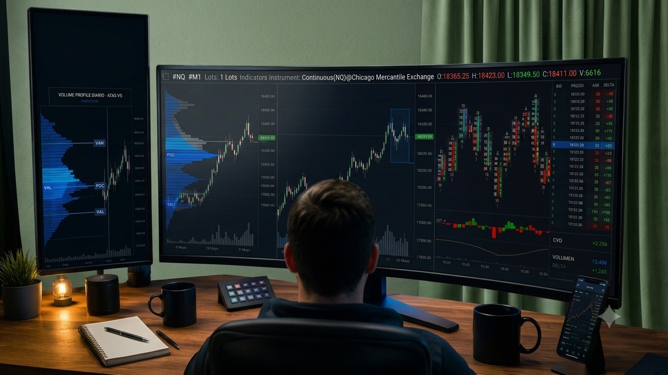 Estación de trabajo de un trader profesional con Volume Profile y Order Flow en pantalla